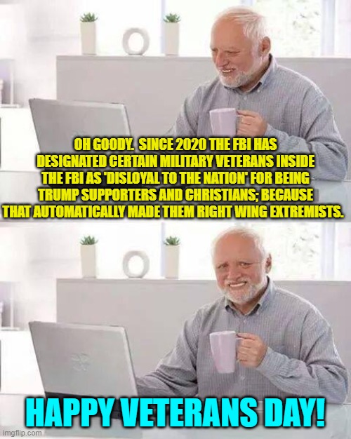 Yes, this has really happened. | OH GOODY.  SINCE 2020 THE FBI HAS DESIGNATED CERTAIN MILITARY VETERANS INSIDE THE FBI AS 'DISLOYAL TO THE NATION' FOR BEING TRUMP SUPPORTERS AND CHRISTIANS; BECAUSE THAT AUTOMATICALLY MADE THEM RIGHT WING EXTREMISTS. HAPPY VETERANS DAY! | image tagged in hide the pain harold | made w/ Imgflip meme maker