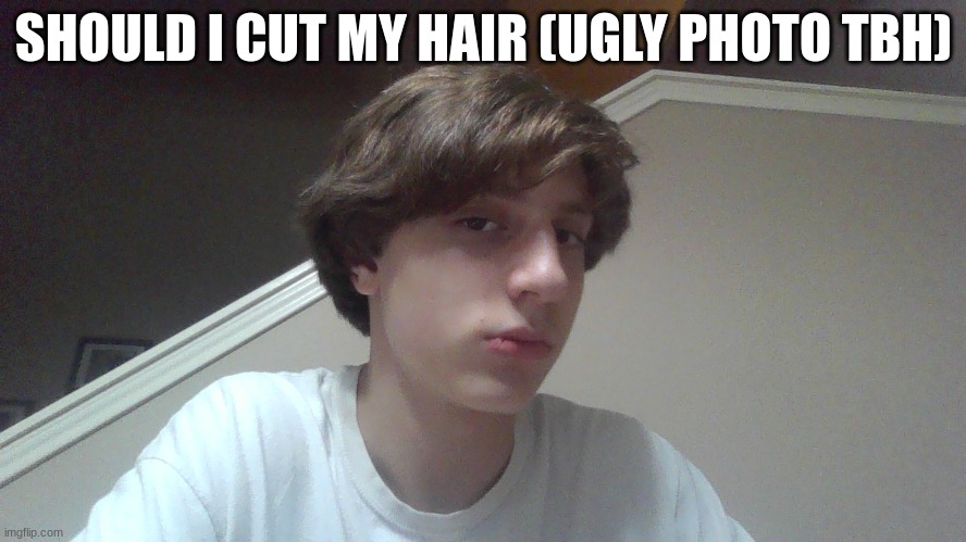 i just woke up like an hour ago | SHOULD I CUT MY HAIR (UGLY PHOTO TBH) | made w/ Imgflip meme maker