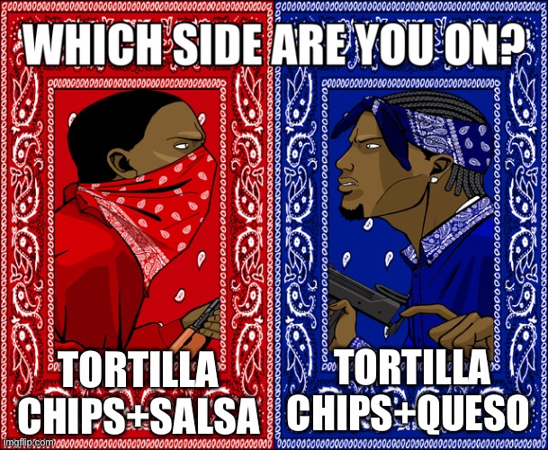 I’m on team queso | TORTILLA CHIPS+SALSA; TORTILLA CHIPS+QUESO | image tagged in which side are you on | made w/ Imgflip meme maker