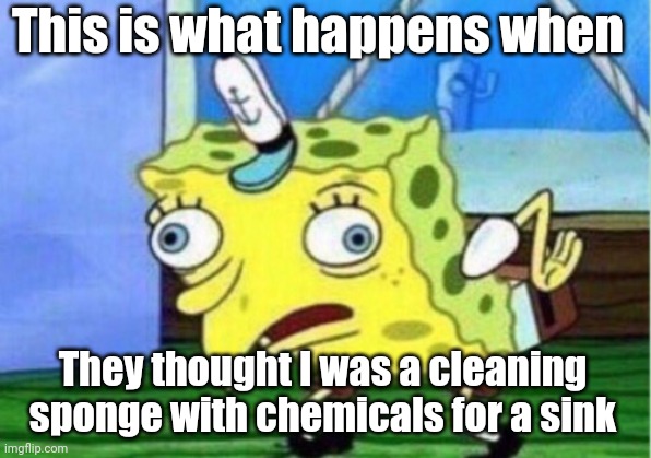 Mocking Spongebob Meme | This is what happens when; They thought I was a cleaning sponge with chemicals for a sink | image tagged in memes,mocking spongebob | made w/ Imgflip meme maker