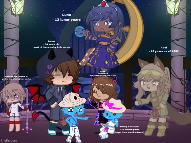 (every character but wisefox's smurf cat design is my own) Every character i made in november | image tagged in blue smurf cat,gacha life 2,missing kids series,character bio | made w/ Imgflip meme maker