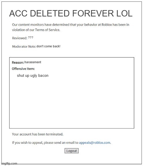 Moderation System | ACC DELETED FOREVER LOL; ??? don't come back! harassment; shut up ugly bacon | image tagged in moderation system | made w/ Imgflip meme maker