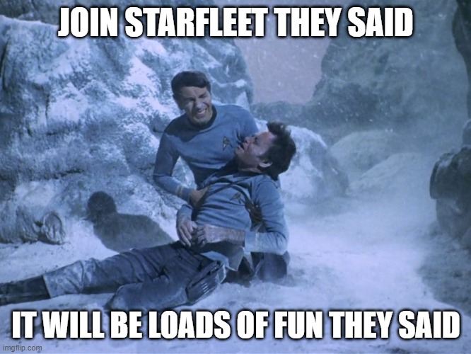 Ah Starfleet | JOIN STARFLEET THEY SAID; IT WILL BE LOADS OF FUN THEY SAID | image tagged in frozen star trek | made w/ Imgflip meme maker