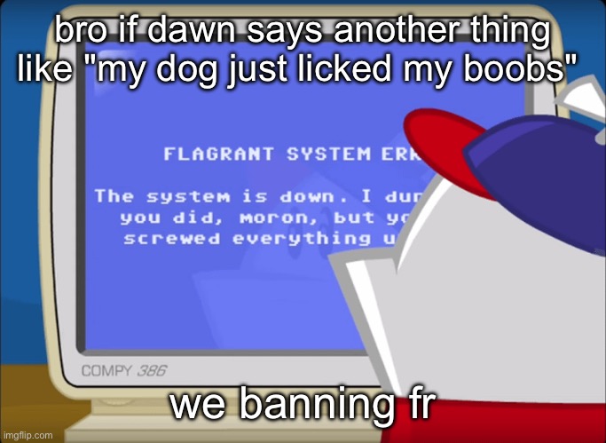 Flagrant System Error | bro if dawn says another thing like "my dog just licked my boobs"; we banning fr | image tagged in flagrant system error | made w/ Imgflip meme maker