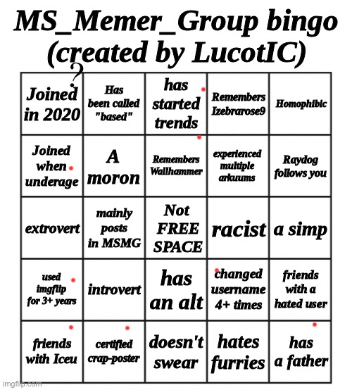 MSMG Bingo - by LucotIC | ? | image tagged in msmg bingo - by lucotic | made w/ Imgflip meme maker