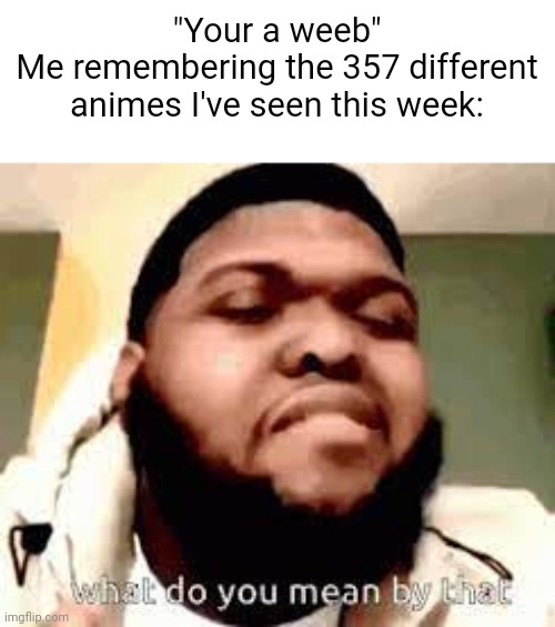 How do you know that | "Your a weeb"
Me remembering the 357 different animes I've seen this week: | image tagged in what do you mean by that | made w/ Imgflip meme maker