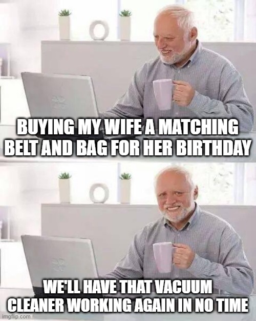 My Wife | BUYING MY WIFE A MATCHING BELT AND BAG FOR HER BIRTHDAY; WE'LL HAVE THAT VACUUM CLEANER WORKING AGAIN IN NO TIME | image tagged in memes,hide the pain harold | made w/ Imgflip meme maker