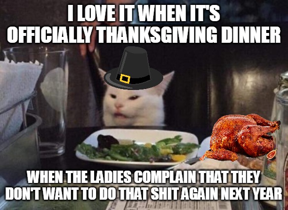 Salad cat | I LOVE IT WHEN IT'S OFFICIALLY THANKSGIVING DINNER; WHEN THE LADIES COMPLAIN THAT THEY DON'T WANT TO DO THAT SHIT AGAIN NEXT YEAR | image tagged in salad cat,meme,memes,funny,thanksgiving | made w/ Imgflip meme maker