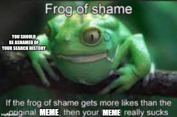 The frog of shame | YOU SHOULD BE ASHAMED OF YOUR SEARCH HISTORY | image tagged in frog of shame | made w/ Imgflip meme maker