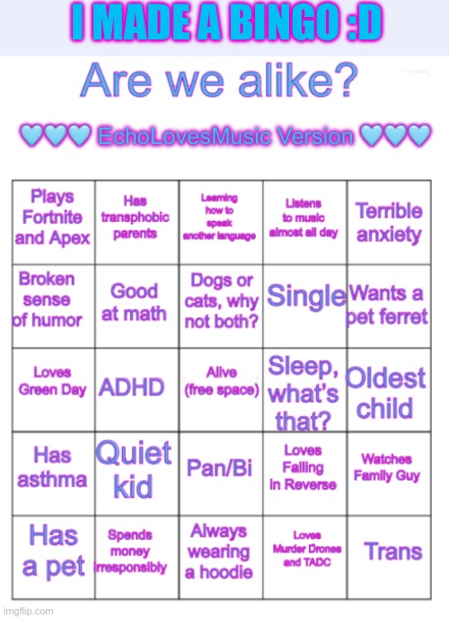 I MADE A BINGO :D | image tagged in are we alike bingo echolovesmusic version | made w/ Imgflip meme maker