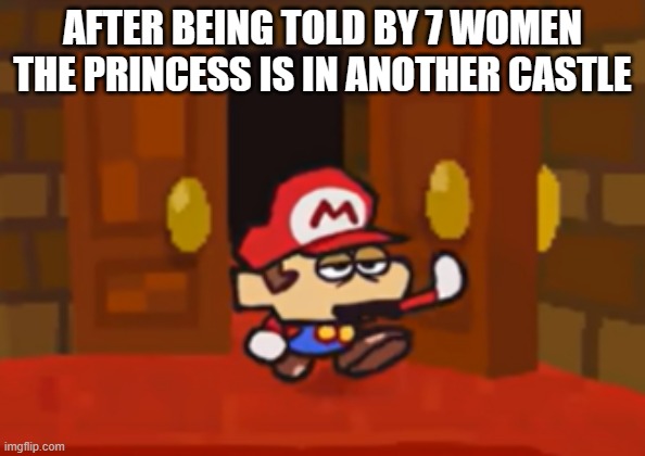 Damn it | AFTER BEING TOLD BY 7 WOMEN THE PRINCESS IS IN ANOTHER CASTLE | image tagged in mario walks through the door disappointed,memes,funny memes,funny | made w/ Imgflip meme maker