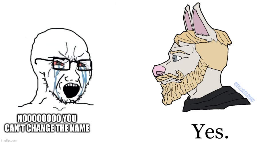 Furry Chad Yes | NOOOOOOOO YOU CAN'T CHANGE THE NAME | image tagged in furry chad yes | made w/ Imgflip meme maker
