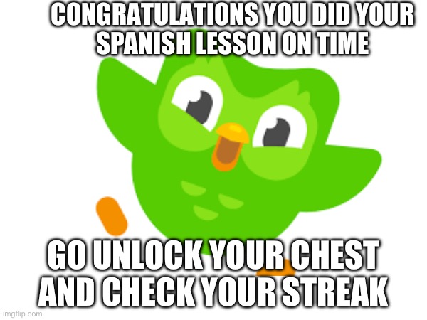 When you finish your Duolingo lesson on time | CONGRATULATIONS YOU DID YOUR
SPANISH LESSON ON TIME; GO UNLOCK YOUR CHEST
AND CHECK YOUR STREAK | image tagged in duolingo bird | made w/ Imgflip meme maker