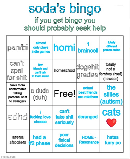 number 19: mouse in baked beans | if you get bingo you should probably seek help; soda's bingo; horni; almost only plays indie games; totally different person online; pan/bi; 1 braincell; homeschool; can't spel for shit; totally not a femboy (real) (i swear); dogshit grades; few friends and can't talk to them much; actual best friends are relatives; feels more conformable telling personal stuff to strangers; the sillies (autism); a dude (duh); adhd; i fucking love cheese; cats ❤️; deranged; can't take shit seriously; had a tf2 phase; hates furry po; arena shooters; poor finical decisions; HOME - Resonance | made w/ Imgflip meme maker