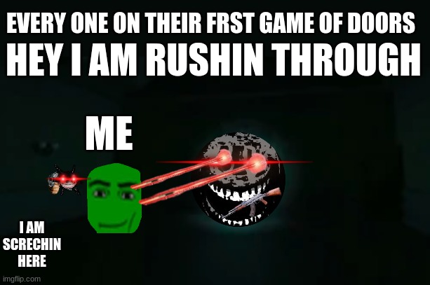 doors | EVERY ONE ON THEIR FRST GAME OF DOORS; HEY I AM RUSHIN THROUGH; ME; I AM SCRECHIN HERE | image tagged in funny,so true memes,pov | made w/ Imgflip meme maker