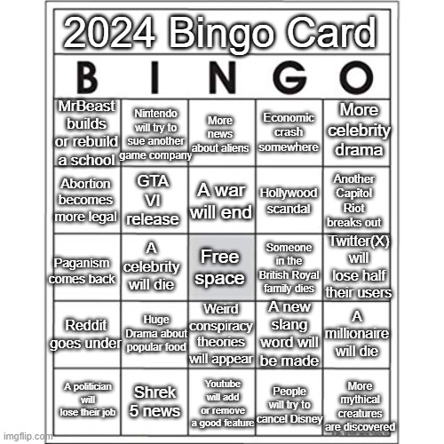 2024 Bingo Card | 2024 Bingo Card; Nintendo will try to sue another game company; More celebrity drama; MrBeast builds or rebuild a school; Economic crash somewhere; More news about aliens; GTA VI release; Hollywood scandal; Abortion becomes more legal; Another Capitol Riot breaks out; A war will end; Free space; Twitter(X) will lose half their users; Someone in the British Royal family dies; A celebrity will die; Paganism comes back; A new slang word will be made; Weird conspiracy theories will appear; Reddit goes under; A millionaire will die; Huge Drama about popular food; Youtube will add or remove a good feature; People will try to cancel Disney; A politician will lose their job; Shrek 5 news; More mythical creatures are discovered | image tagged in blank bingo card | made w/ Imgflip meme maker