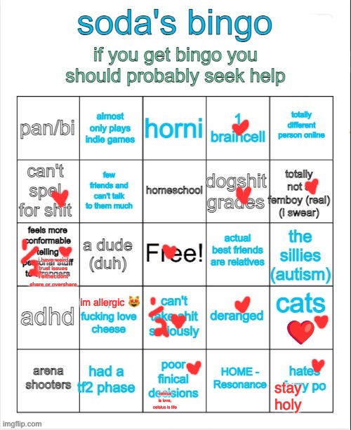 e | i have weird trust issues i either dont share or overshare; im allergic 😻; stay holy; celsius is love, celsius is life | image tagged in soda's bingo | made w/ Imgflip meme maker