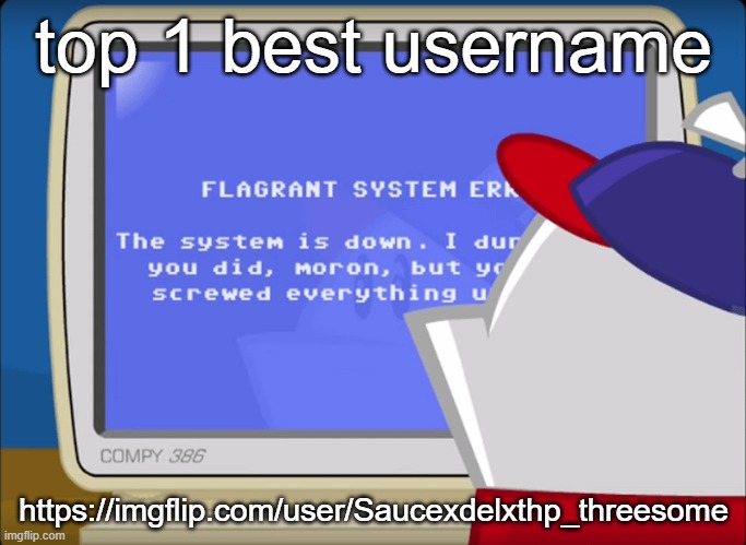 Flagrant System Error | top 1 best username; https://imgflip.com/user/Saucexdelxthp_threesome | image tagged in flagrant system error | made w/ Imgflip meme maker