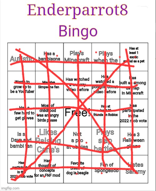Enderparrot8 Bingo | image tagged in enderparrot8 bingo | made w/ Imgflip meme maker