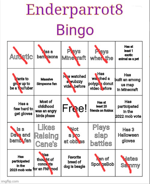 Enderparrot8 Bingo | image tagged in enderparrot8 bingo | made w/ Imgflip meme maker