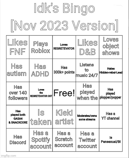 Idk's November 2023 Bingo Blank Meme Template