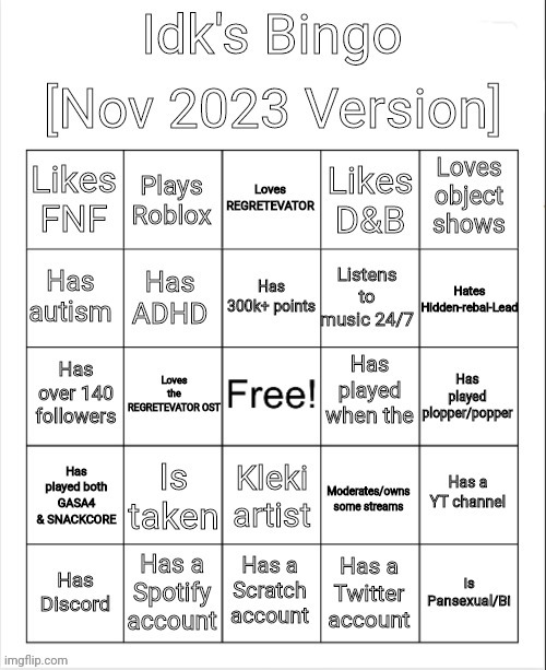 Made my own bingo again | image tagged in idk's november 2023 bingo | made w/ Imgflip meme maker
