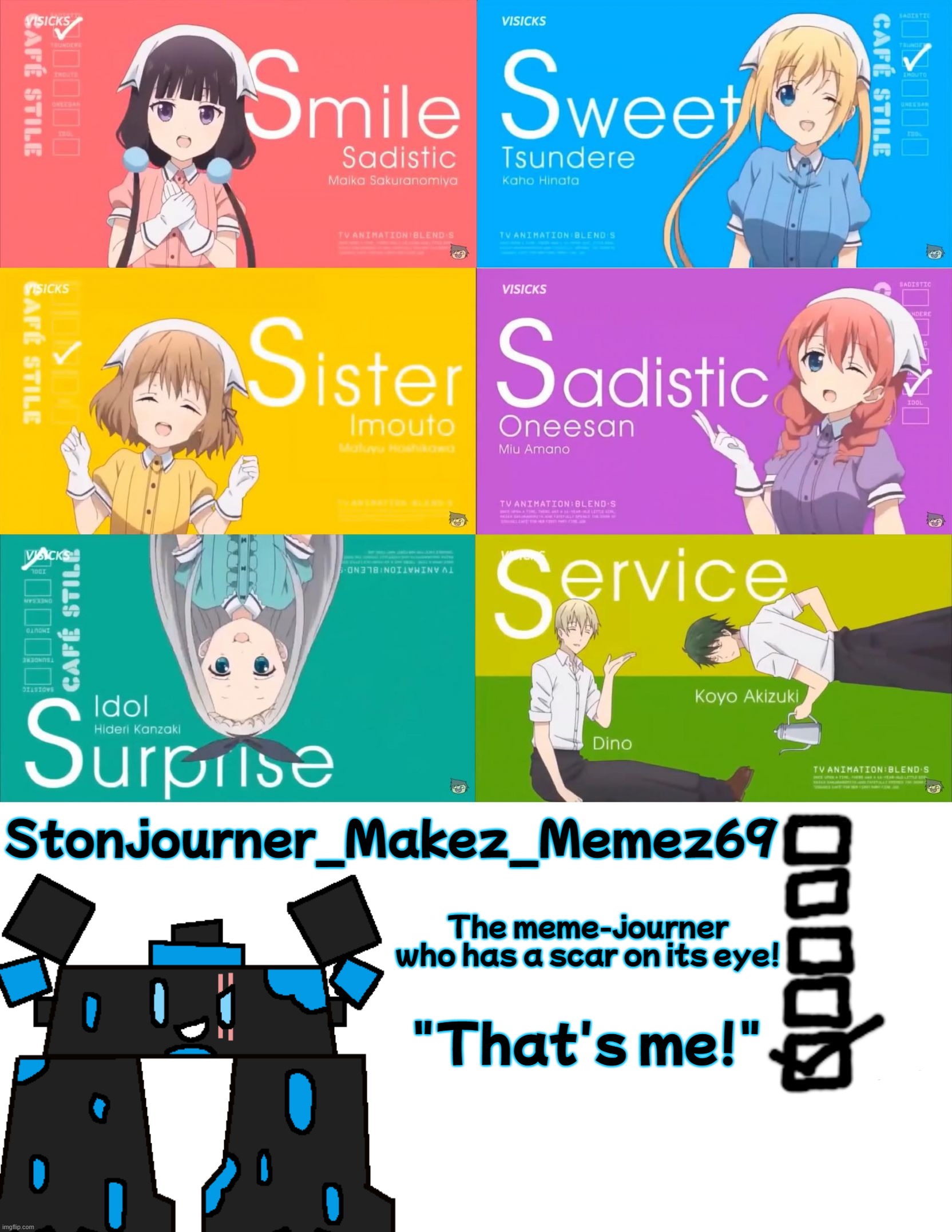 s is for stonjourner........ | Stonjourner_Makez_Memez69; The meme-journer who has a scar on its eye! "That's me!" | image tagged in blend s op | made w/ Imgflip meme maker