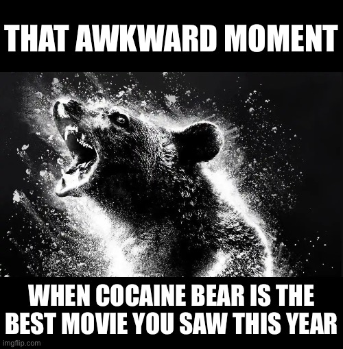 Cocaine Bear | THAT AWKWARD MOMENT; WHEN COCAINE BEAR IS THE BEST MOVIE YOU SAW THIS YEAR | image tagged in cocaine bear | made w/ Imgflip meme maker