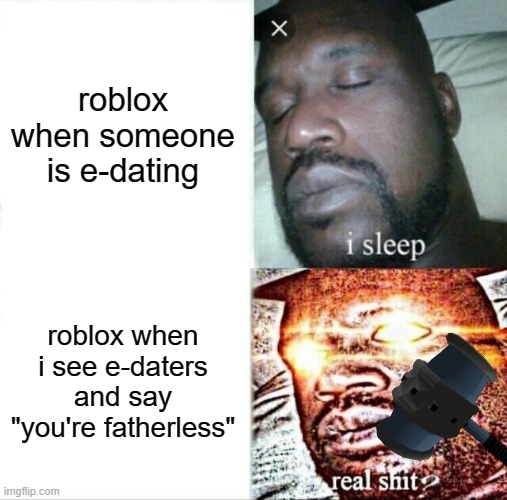 Roblox.. why???? | roblox when someone is e-dating; roblox when i see e-daters and say "you're fatherless" | image tagged in memes,sleeping shaq,roblox meme,real shit,banned from roblox,damn | made w/ Imgflip meme maker