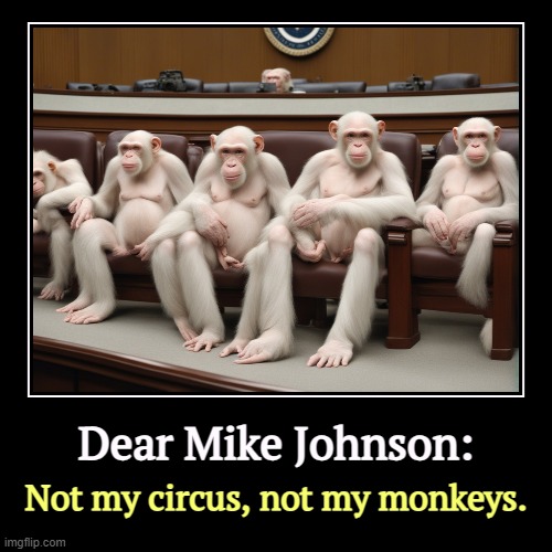 Remember when Congress actually did something? | Dear Mike Johnson: | Not my circus, not my monkeys. | image tagged in funny,demotivationals,freedom caucus,maga,republicans,incompetence | made w/ Imgflip demotivational maker