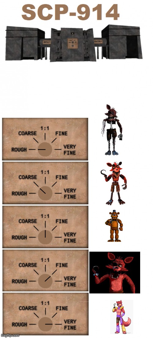 Sorry foxy da pirate  put you on rough | image tagged in scp 914,fnaf,five nights at freddys,foxy | made w/ Imgflip meme maker