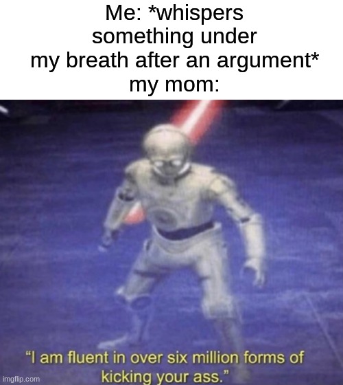 chill mom | Me: *whispers something under my breath after an argument*
my mom: | image tagged in i am fluent in over six million forms of kicking your ass,memes,relatable,funny | made w/ Imgflip meme maker