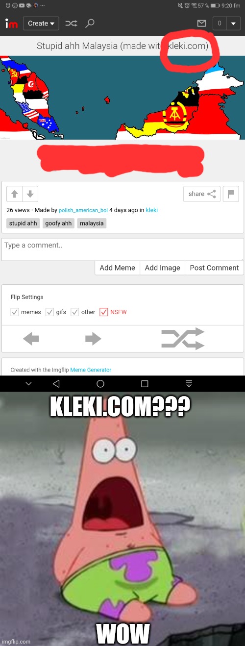 Wow | KLEKI.COM??? WOW | image tagged in suprised patrick | made w/ Imgflip meme maker