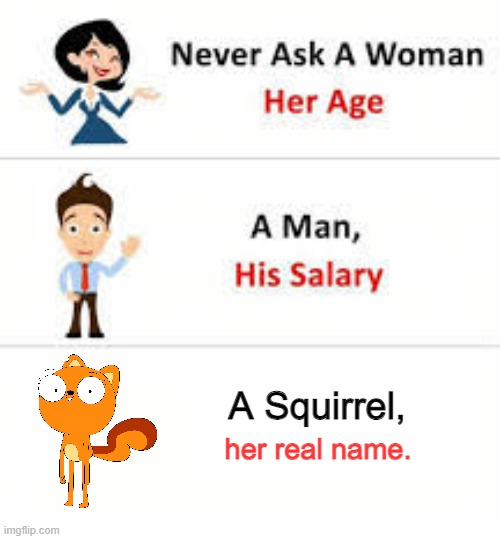 Kiff doesn't want to share her personal info. | A Squirrel, her real name. | image tagged in never ask a woman her age,kiff | made w/ Imgflip meme maker