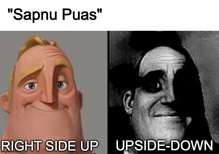 Wait, it reads: "Sen- nvm." | "Sapnu Puas"; RIGHT SIDE UP; UPSIDE-DOWN | image tagged in traumatized mr incredible,what the,damn,dark memes | made w/ Imgflip meme maker