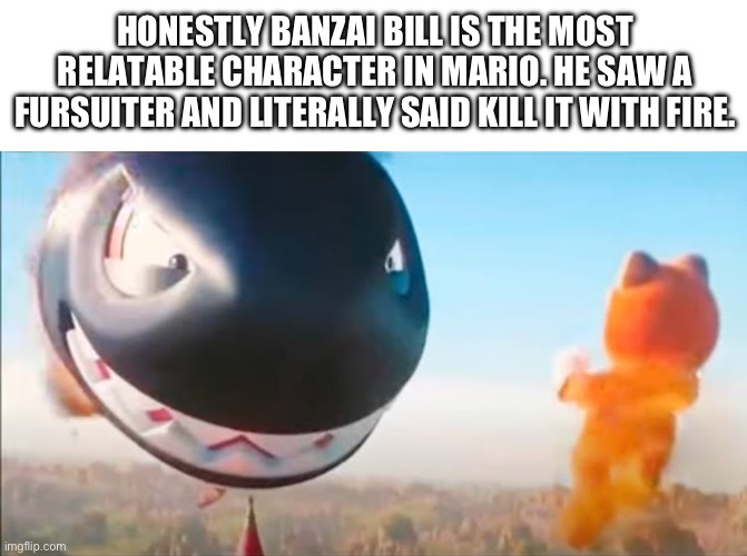 HONESTLY BANZAI BILL IS THE MOST RELATABLE CHARACTER IN MARIO. HE SAW A FURSUITER AND LITERALLY SAID KILL IT WITH FIRE. | image tagged in memes,blank transparent square | made w/ Imgflip meme maker