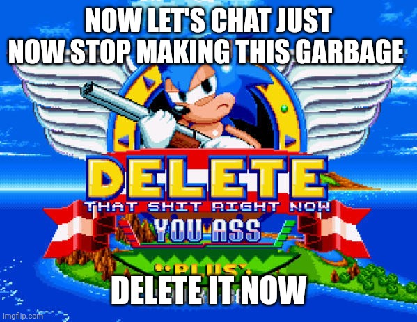 Delete That Shit RIGHT NOW sonic mania | NOW LET'S CHAT JUST NOW STOP MAKING THIS GARBAGE DELETE IT NOW | image tagged in delete that shit right now sonic mania | made w/ Imgflip meme maker