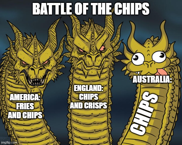 Which is correct tho? | BATTLE OF THE CHIPS; AUSTRALIA:; ENGLAND:
CHIPS AND CRISPS; AMERICA:
FRIES AND CHIPS; CHIPS | image tagged in three-headed dragon,chips,potato chips,australia,england,america | made w/ Imgflip meme maker