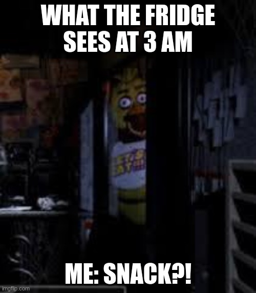 Reeeee | WHAT THE FRIDGE SEES AT 3 AM; ME: SNACK?! | image tagged in chica looking in window fnaf | made w/ Imgflip meme maker