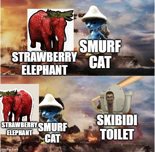 Kong Godzilla Doge | SMURF
CAT; STRAWBERRY ELEPHANT; STRAWBERRY ELEPHANT; SKIBIDI
TOILET; SMURF
CAT | image tagged in kong godzilla doge,funny memes,blue smurf cat,strawberry,skibidi toilet | made w/ Imgflip meme maker