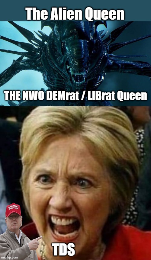 PURE EVIL both of them. | The Alien Queen; THE NWO DEMrat / LIBrat Queen; TDS | image tagged in democrats,nwo,psychopaths and serial killers | made w/ Imgflip meme maker