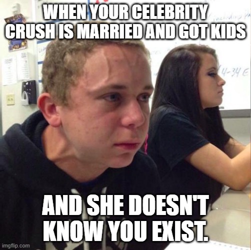 Celebrity crush. | WHEN YOUR CELEBRITY CRUSH IS MARRIED AND GOT KIDS; AND SHE DOESN'T KNOW YOU EXIST. | image tagged in angery boi | made w/ Imgflip meme maker