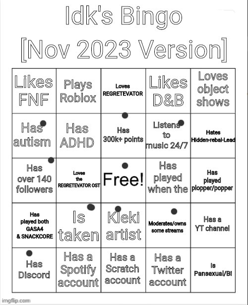 Idk's November 2023 Bingo | made w/ Imgflip meme maker