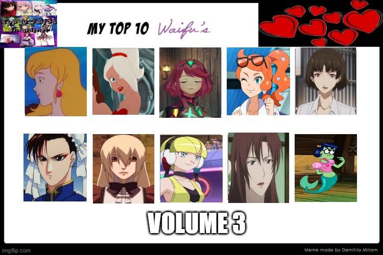 top 10 waifus volume 3 | VOLUME 3 | image tagged in top 10 waifus,waifu,anime meme,pokemon memes,mermaid,beautiful woman | made w/ Imgflip meme maker