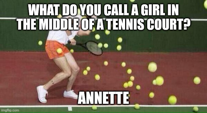 tennis | WHAT DO YOU CALL A GIRL IN THE MIDDLE OF A TENNIS COURT? ANNETTE | image tagged in tennis | made w/ Imgflip meme maker