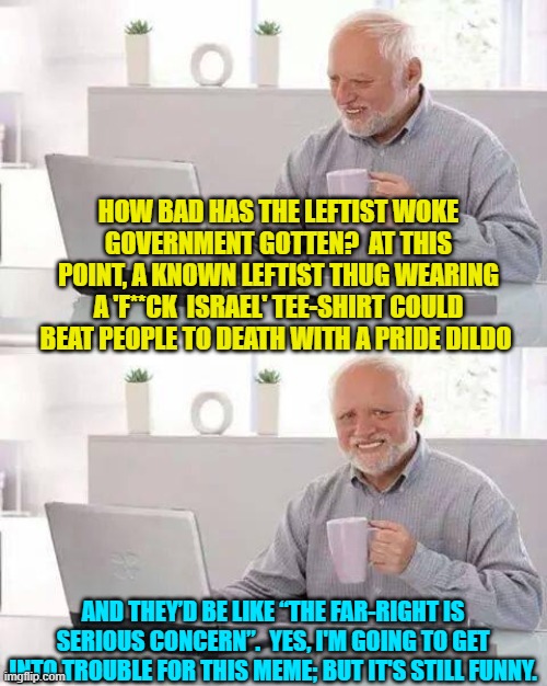 It's 'low hanging fruit' Sunday and I just couldn't resist. | HOW BAD HAS THE LEFTIST WOKE GOVERNMENT GOTTEN?  AT THIS POINT, A KNOWN LEFTIST THUG WEARING A 'F**CK  ISRAEL' TEE-SHIRT COULD BEAT PEOPLE TO DEATH WITH A PRIDE DILDO; AND THEY’D BE LIKE “THE FAR-RIGHT IS SERIOUS CONCERN”.  YES, I'M GOING TO GET INTO TROUBLE FOR THIS MEME; BUT IT'S STILL FUNNY. | image tagged in hide the pain harold | made w/ Imgflip meme maker
