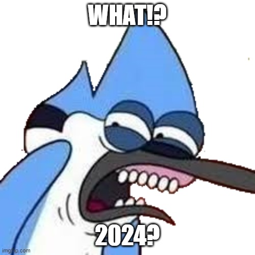 disgusted mordecai | WHAT!? 2024? | image tagged in disgusted mordecai | made w/ Imgflip meme maker