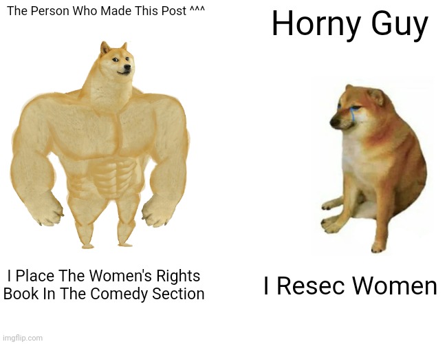 Buff Doge vs. Cheems Meme | The Person Who Made This Post ^^^ Horny Guy I Place The Women's Rights Book In The Comedy Section I Resec Women | image tagged in memes,buff doge vs cheems | made w/ Imgflip meme maker