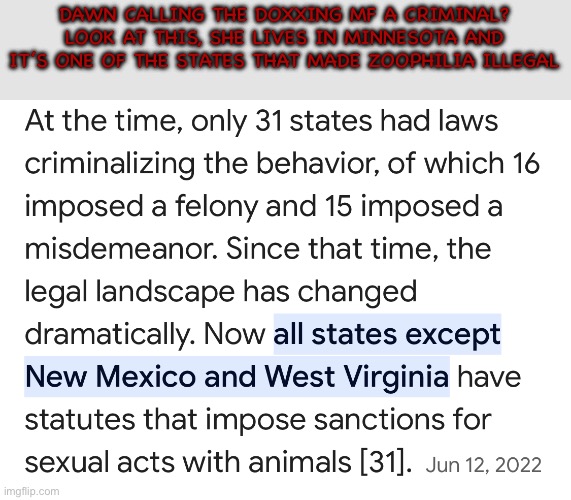 But why those 2 states | DAWN CALLING THE DOXXING MF A CRIMINAL? LOOK AT THIS, SHE LIVES IN MINNESOTA AND IT’S ONE OF THE STATES THAT MADE ZOOPHILIA ILLEGAL | made w/ Imgflip meme maker