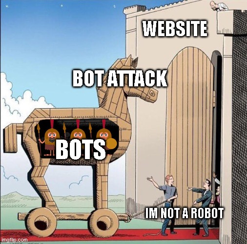 Trojan Horse | WEBSITE; BOT ATTACK; BOTS; IM NOT A ROBOT | image tagged in trojan horse | made w/ Imgflip meme maker